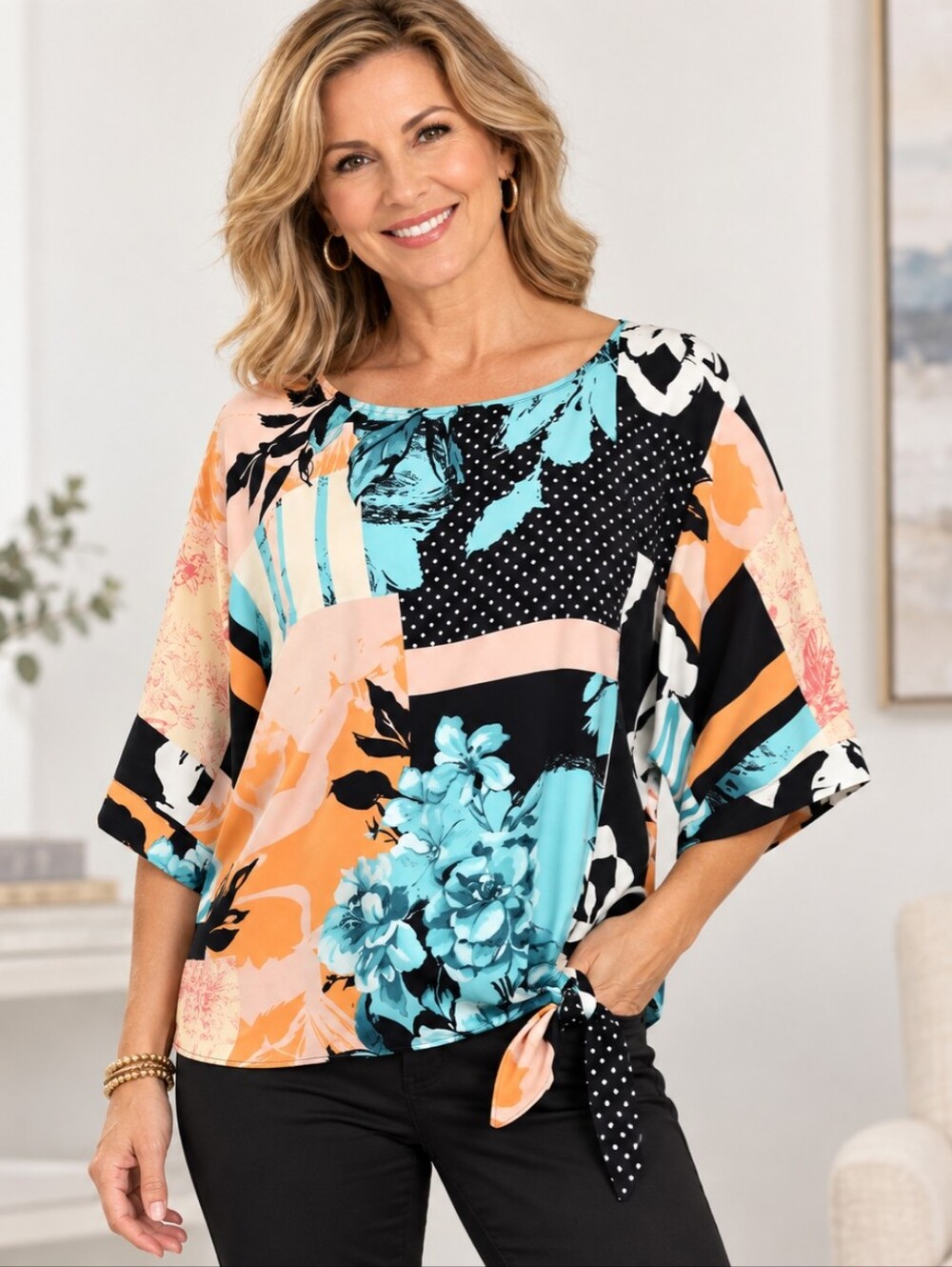 Chico's Boho Vibrant Floral Jersey Knit Dolman Sleeve Side Tie Hem Top Sz 2- Lg